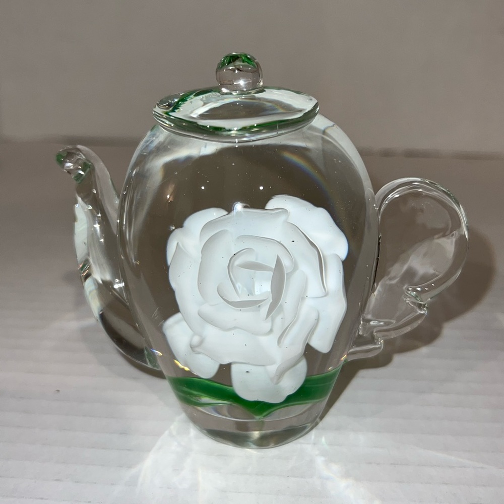 Vintage Glass Teapot With White Rose Inside Paperweight 4 Inches Tall
